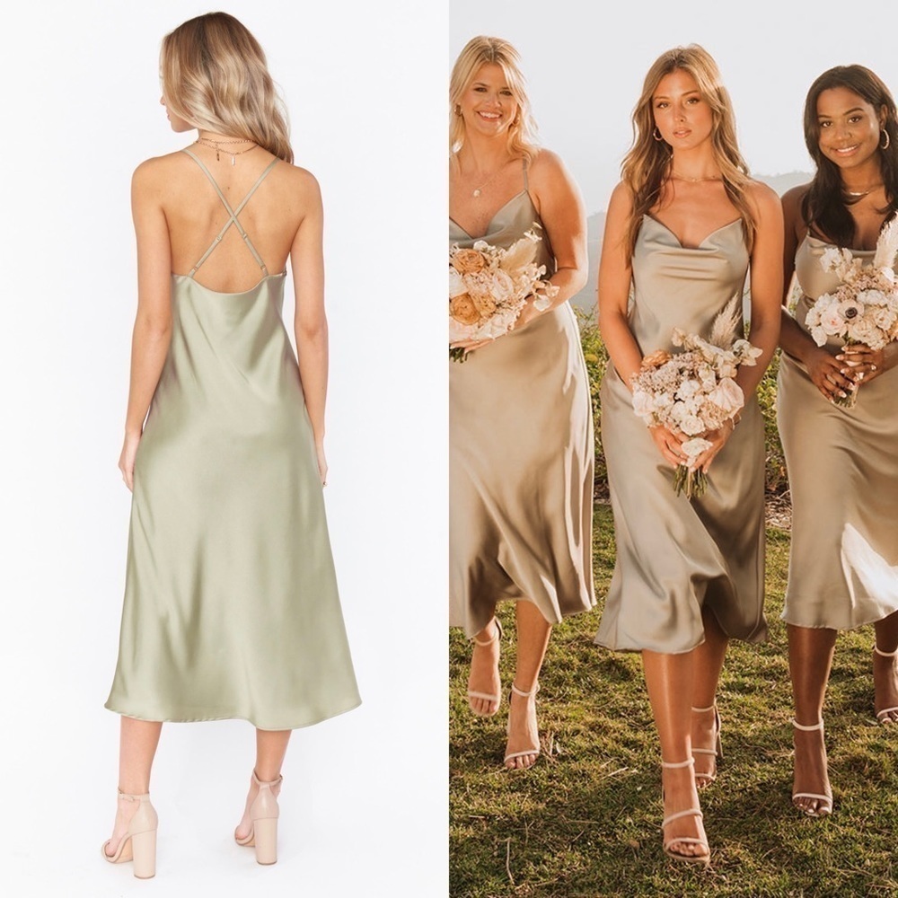 Show Me Your Mumu Verona Cowl Dress in Moss Green Luxe Satin